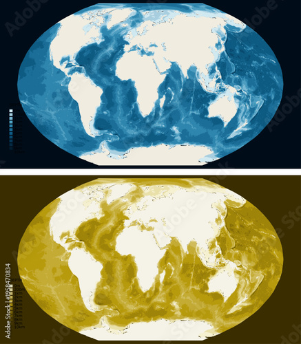World Atlantic Centered Bathymetric Ocean Depth Map - Winkel Tripel Projection - Scalable Multi-Color Seafloor Relief Topography with Depth Legend Showing Continental Shelves Mid-Ocean Ridges and