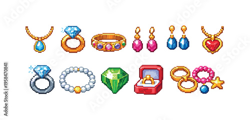 Collection of pixel art jewelry icons including rings, necklaces, earrings, and gems