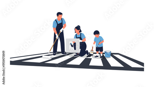 Painting the Way: A family works together to paint a crosswalk, highlighting community involvement and the simple joys of teamwork.