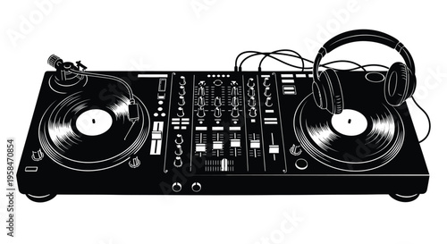 A black and white illustration of a dj setup with turntables and headphones