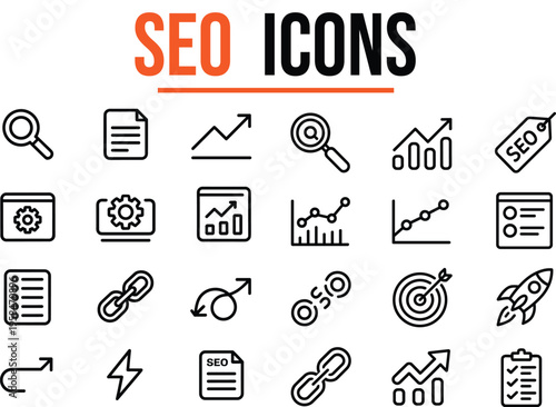 Collection of search engine optimization line icons for digital marketing and web analytics