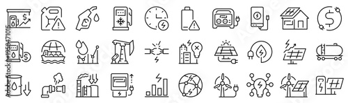 Modern energy crisis icon set including gas, fuel, electricity, power supply, blackout, renewable energy and infrastructure symbols. Perfect for energy industry, global crisis, sustainability and busi