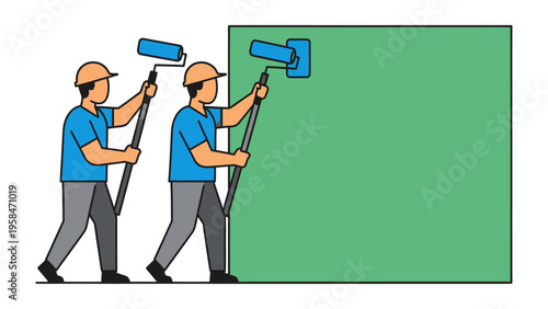 Team of Painters at Work: Two painters, equipped with rollers and protective gear, diligently work together to paint a wall, bringing vibrant hues to life.
