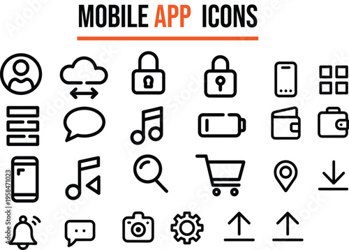 A collection of simple black and white line icons for mobile application user interfaces.