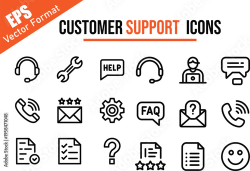 Set of black and white customer support and service line icons for business and web design.