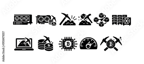 Cryptocurrency mining icons depicting hardware, blockchain, and digital assets