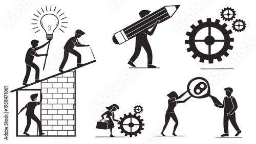 Simple vector silhouette illustration of a man and woman holding guns in a black icon style