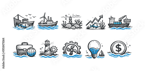 Collection of hand-drawn icons representing maritime industry, finance, and innovation concepts