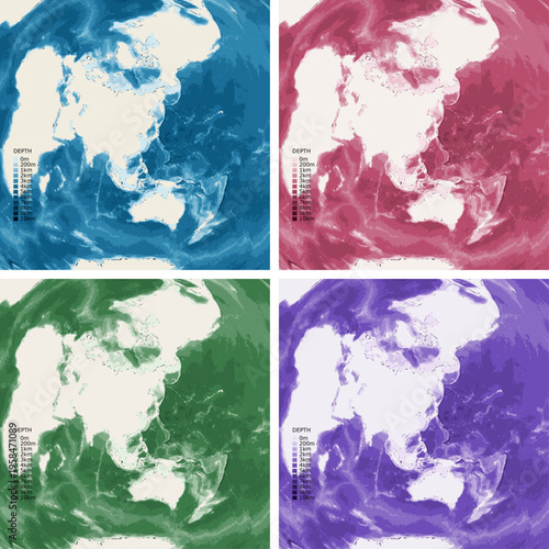 World from Beijing Bathymetric Ocean Depth Map - Azimuthal Equidistant Projection - Scalable Multi-Color Seafloor Relief Topography with Depth Legend Showing Continental Shelves Mid-Ocean Ridges and