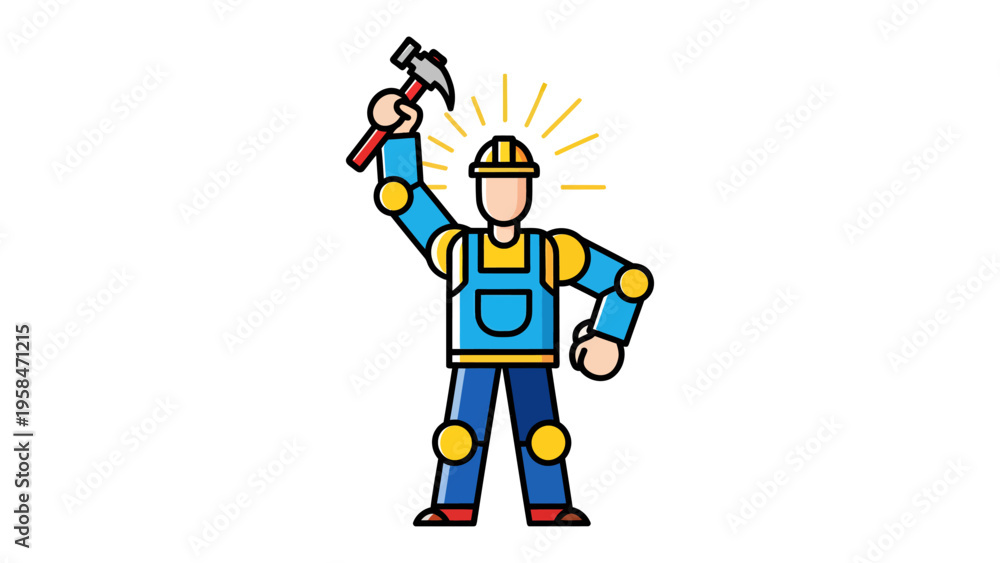 Obraz premium Construction worker with hammer: An illustration of a determined construction worker triumphantly raising a hammer high, symbolizing strength, building and dedication.
