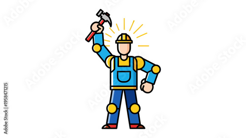Construction worker with hammer: An illustration of a determined construction worker triumphantly raising a hammer high, symbolizing strength, building and dedication.