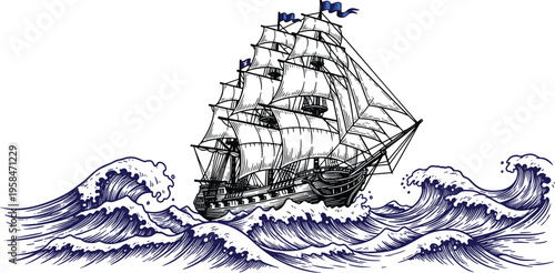 Vintage Woodcut Style Sailing Ship Engraving on Rough Ocean Waves for Nautical Branding, Maritime History Illustrations, Sailing Club Logos, and Antique Marine Design