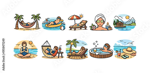 Diverse people enjoying relaxing vacation activities at a tropical resort and spa