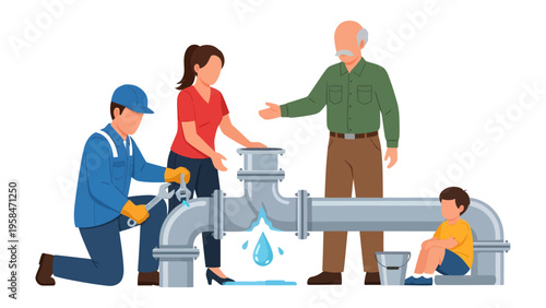 Water Pipe Repair: A plumber expertly addresses a leak in the water pipe, as a family observes, highlighting the importance of home maintenance and solutions.