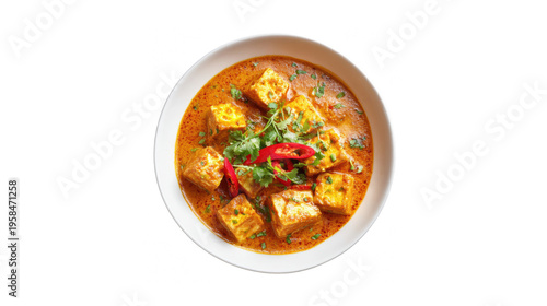 Delicious thai red curry with tofu, coconut milk, fresh chili, and cilantro, served in a white bowl, isolated on transparent background