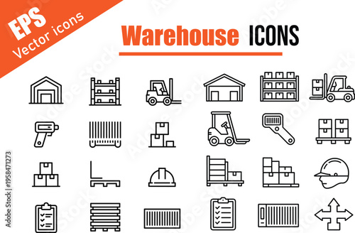 Collection of minimalist black and white warehouse and logistics vector line icons
