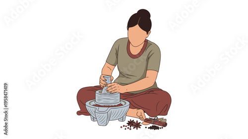 Traditional Spice Grinding: A focused individual skillfully grinds spices using a stone grinder, embodying the essence of culinary heritage and cultural practices. 