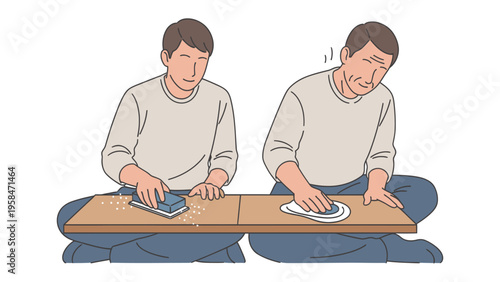 Craftsmanship in Progress: Two skilled individuals are meticulously sanding and polishing a wooden surface, showcasing the art of woodworking.