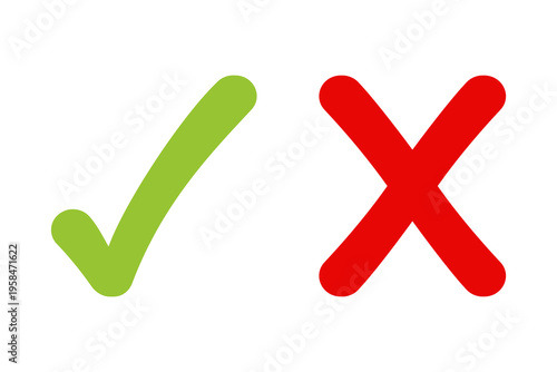Simple green check mark and red cross sign icons for approval and denial concepts
