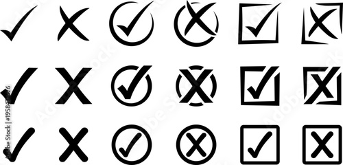 Monochrome Check Mark and X Mark Icons Collection for Yes and No
