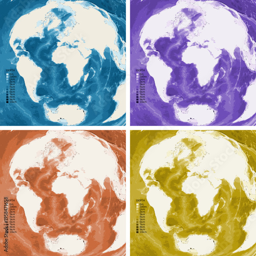 World from Lagos Bathymetric Ocean Depth Map - Azimuthal Equidistant Projection - Scalable Multi-Color Seafloor Relief Topography with Depth Legend Showing Continental Shelves Mid-Ocean Ridges and