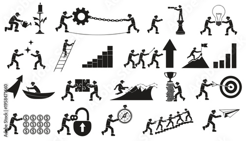 Set of black vector silhouettes showing people in different poses and situations with nautical elements like boats and ships in a simple icon style