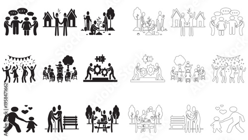 Community and Social Interaction Icon Set, People Collaboration, Volunteer Work, and Neighborhood Activities Vector Illustration.