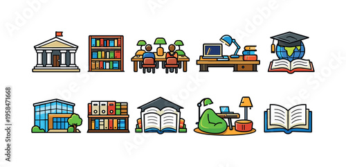 Collection of colorful library and education icons for learning and knowledge