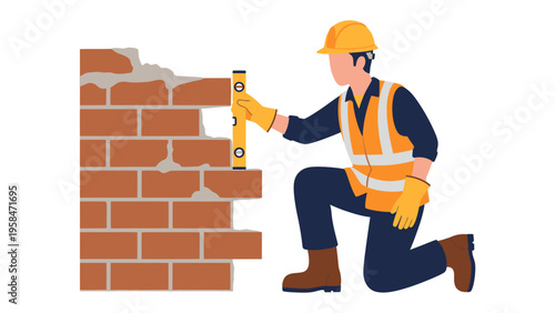 Bricklayer in Action: An illustration captures a skilled bricklayer carefully measuring and leveling newly laid bricks, showcasing expertise in construction and the meticulous process of building.