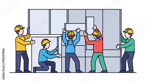 Constructive Harmony: A group of construction workers, united in purpose, collaborate on constructing a wall, demonstrating precision and teamwork in their craft.