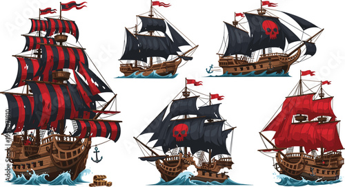 Pirate Ship Vector Collection with Jolly Roger Skull Sails and Red Striped Galleons for Fantasy Adventure Games, Nautical Party Decor, and Maritime Storytelling