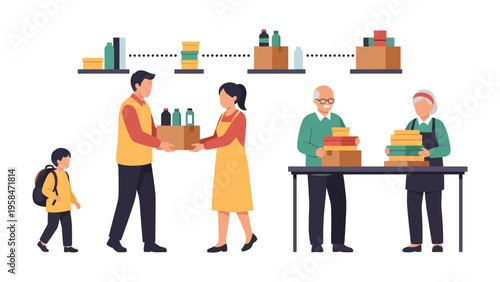 Community Service:A volunteer team, featuring both youth and elderly members, demonstrates a heartwarming act of giving. Working together they pack donation boxes.