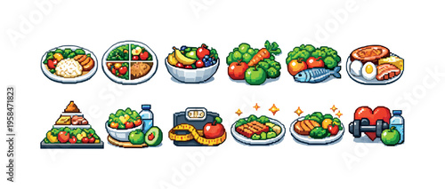 Healthy eating and fitness icons collection with pixel art style