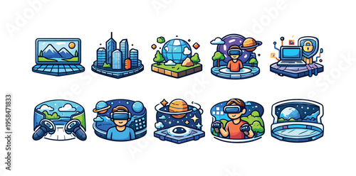 Virtual reality experiences and digital worlds in a collection of colorful icons