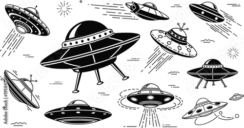 Retro Style UFO and Flying Saucer Vector Collection with Space Ships and Alien Craft Icons for Science Fiction Comic Books and Extraterrestrial Mystery Graphic Designs