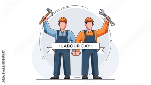 Labour Day Celebration: Two construction workers, embodying strength and solidarity, raise their tools, celebrating labor day. A symbol of hard work and dedication.