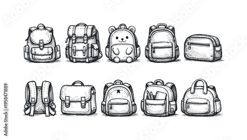 Collection of hand-drawn backpacks and bags in various styles and sizes
