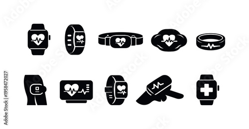 Collection of wearable health monitoring device icons with heart rate symbols