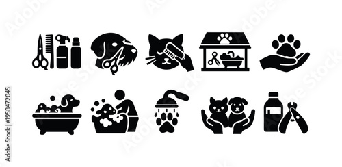 Collection of pet grooming and care icons, symbolizing services for animals