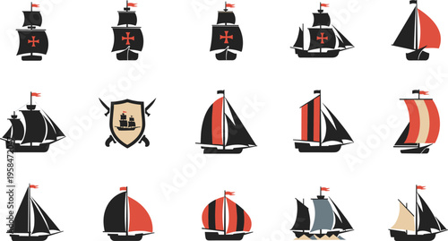 Stylized Medieval Sailing Ship Icon Set with Caravels, Galleons, and Naval Shields for Maritime History, Strategy Games, Nautical Branding, and Exploration Designs