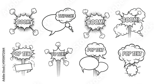 Collection of black and white comic book speech and explosion bubbles