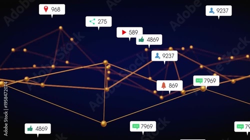 On start glowing gold network forming node web while floating metric icons updating engagement data