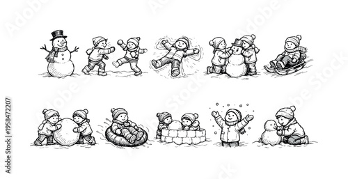 Children enjoying various winter activities like building snowmen and sledding