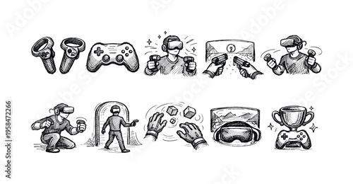 Collection of hand-drawn illustrations depicting virtual reality gaming experiences and equipment