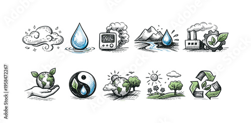 Collection of hand-drawn icons representing environmental concepts and sustainability efforts