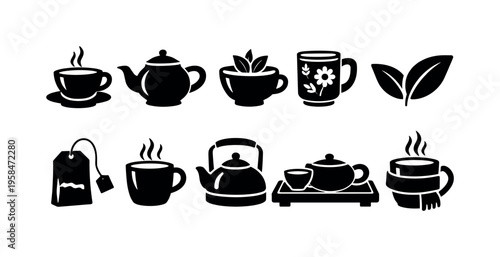 Collection of black tea icons including teapots, cups, and tea leaves