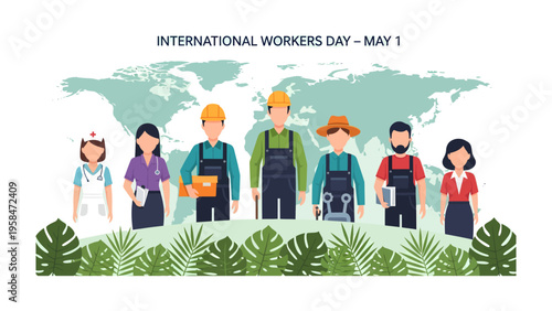 Workers Day Solidarity: A diverse collection of workers stands together, against a backdrop of the world map, celebrating International Workers' Day with unity and solidarity.