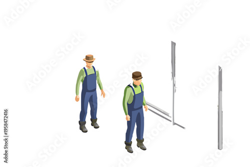 Isometric illustration depicting two farmers standing near a barn door