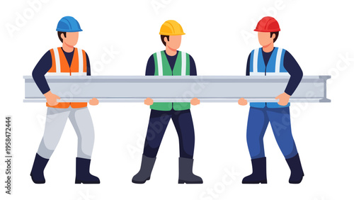 Construction Crew Collaboration: A trio of construction workers work in unity to carry a steel beam, symbolizing teamwork and the process of building.