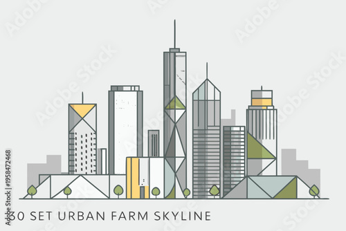 Minimalist illustration of a modern city skyline with geometric shapes